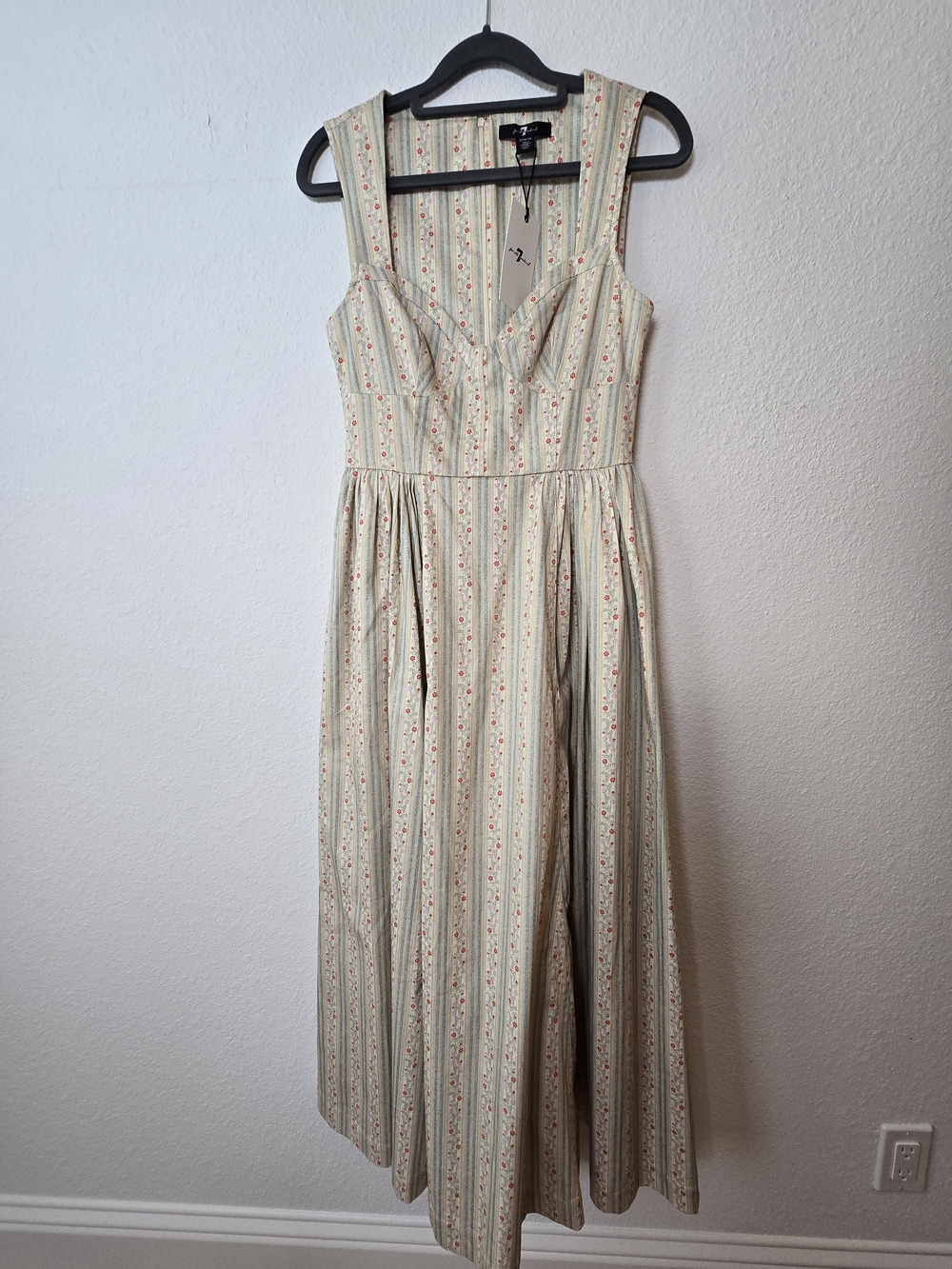 7 For All Mankind Cream Midi Dress with Pink Floral Stripe Accents - Picture 3 of 8